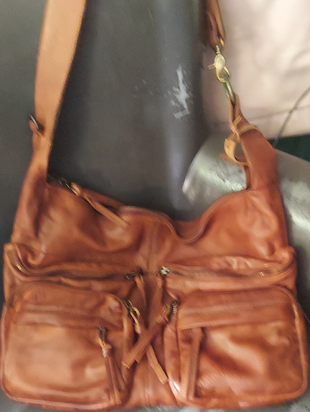 Tano Cognac Leather Hobo Bag with Front Zip Pockets